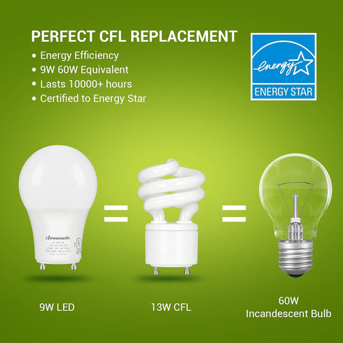 DEWENWILS GU24 LED Light Bulb, 60W Equivalent, 9W 800 Lumens, Dimmable 2 Prong, 2700K Warm White, A19 Shape, 4 Pack