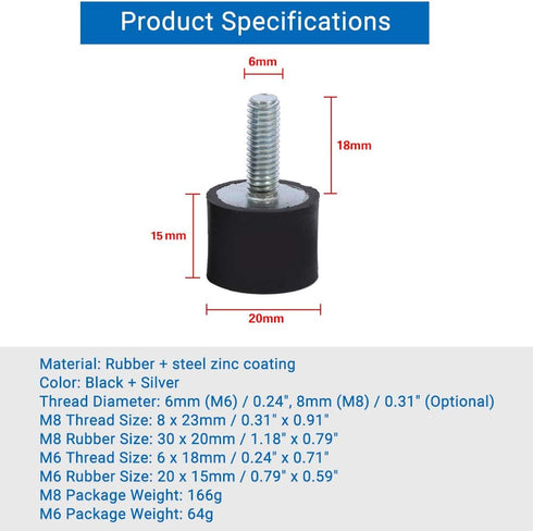 Rubber Mounts M6 M8 - Cylindrical Rubber Isolator Shock Absorber Mounts, Vibration Isolator Pack of 4