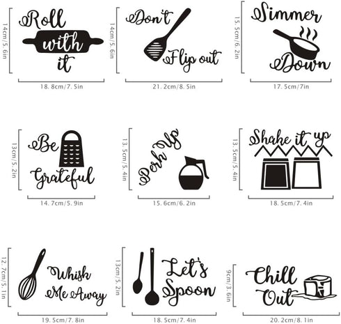 9PCS Kitchen Quotes Wall Decal, Roll It Let s Spoon Sticker, Black Cooking Utensils Wall Art