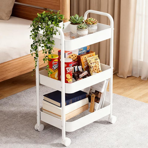 Vamelia 3-Tier Rolling Utility Cart Metal Cart with Lockable Wheels for Office, Living Room, Kitchen, White