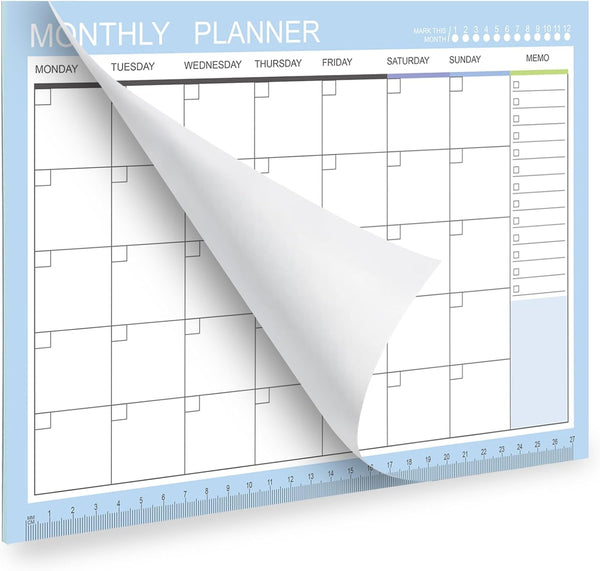 Phyxin Undated Monthly Planner - 54 Sheets Blank Calendar with Memo, 11.2"x8.3" Monthly Calendar Planner, Blue