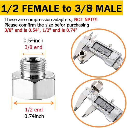Faucet Supply Hose Adapter 3/8 Male to 1/2 Female Water Line Adapter 304 Compression Fittings for Water Supply Pipe Adapter 3/8to 1/2(OD ID:0.54" 0.74") Reducer with Rubber Washer (2 Pack) by Kenpiko