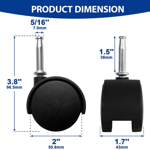 MySit 2-Inch Stem Caster Wheels, Stem 8 x 38mm or 5/16-Inch Diameter, 1.5 inch Long - Set of 5