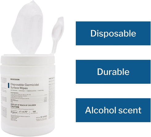 McKesson Germicidal Wipes - Alcohol Disinfecting Wipes, Hospital Grade Multi-Surface Wipes, 160 Wipes, 1 Pack