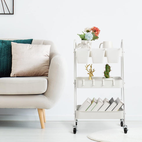 danpinera 3-Tier Rolling Cart, Metal Storage Cart with Lockable Wheels, Mobile Trolley for Kitchen, Bathroom