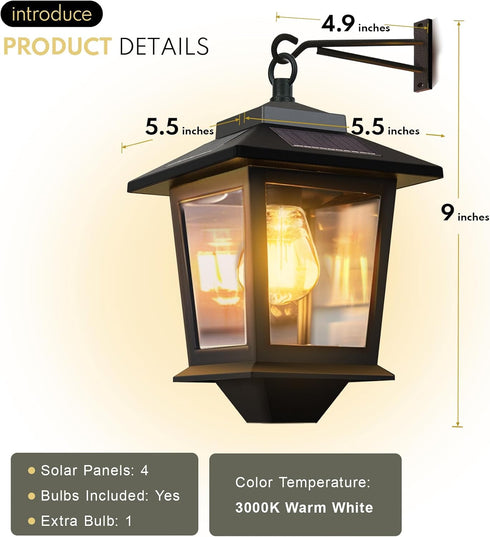 2 Pack Bulb,Outdoor 4 Hooks,3000K PASAMIC Solar Wall Lanterns with Replaceable Hanging Lights with Solar Panels,Dusk