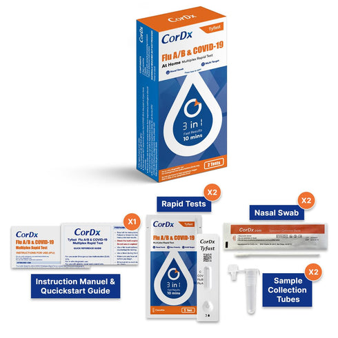 CorDx TyFast Flu A/B & Covid-19 Multiplex Rapid Test, 10 Mins at Home, FDA Authorized, 3-in-1 Combo Kit
