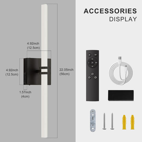 1Pack, Dimmable 22 Inch 3000K-6000K Battery Operated Wall Sconce Black Rechargeable Wall Lights with Remote Control