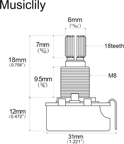 Musiclily Metric Full Size 500K Pots Split Knurled Long 18mm Shaft Linear Taper Guitar Potentiometers (Pack of 2)