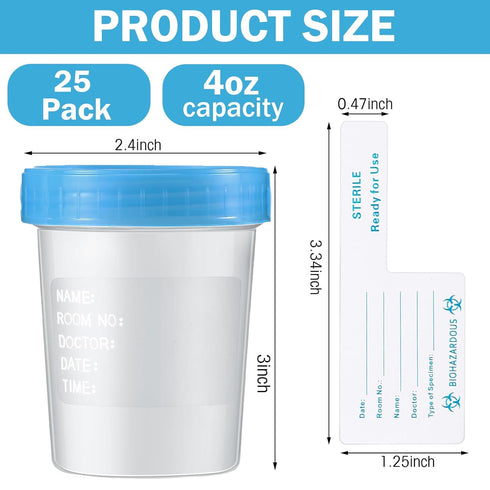 25 Pcs Disposable Urine Cup Specimen Cups with Lids and Tamper Evident Seal 4 oz Specimen Container Urine Sample Containers Urine Sample Cups for Collection and Testing (Blue Lids)