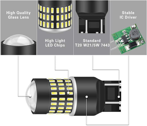 Xenon White 7443 7444NA 7440 7440NA LED Bulbs 1800LM with Lens Projector for Backup, Tail, Brake Lights (Pack of 2)