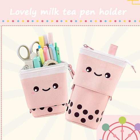 Cute Standing Pencil Case for Kids, Pop Up Pencil Box Makeup Pouch, Christmas Gift Corduroy Organizer (Pink)