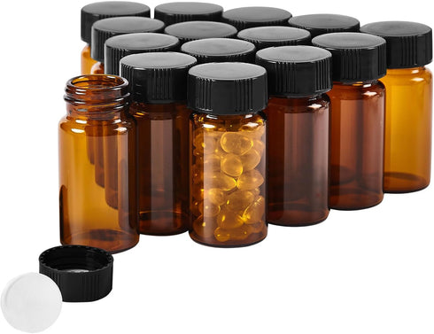 15 PCS 20ML Amber Small Liquid Sample Glass Vials with 24-400 Black Screw Caps for Lab, Essential Oil, Perfume