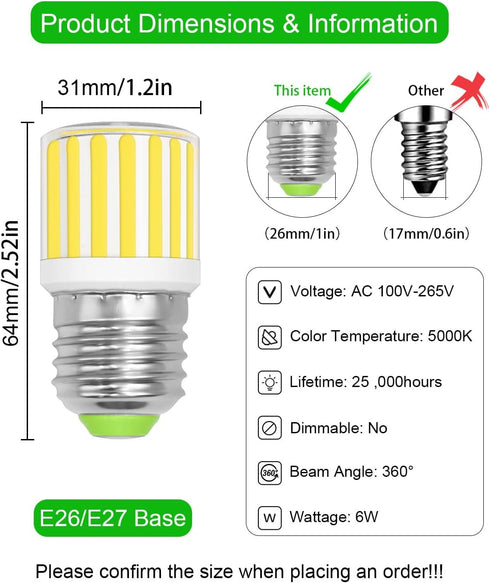 Refrigerator Light Bulb - E26 6W 60W Equivalent LED Light Bulb, Daylight White 5000K, 2 Pack