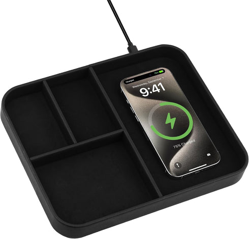 VOVIPO Birthday Gifts Bedside Organiser-Faux Leather Valet Tray With Wireless Charger For Phone And Earbuds,Nightstand