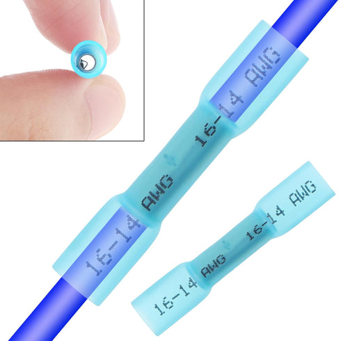 16-14 AWG Blue 100pcs Heat Shrink Butt Connectors Kit, Insulated Waterproof Electrical Marine Automotive Wire Crimp