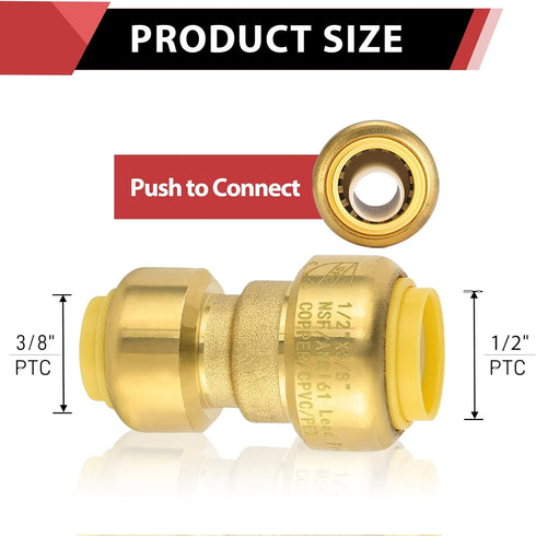 (Pack of 2) EFIED Push Fit Reducing Coupling 1/2" x 3/8", Push-to-Connect Plumbing Fitting with 2 Disconnect Clips