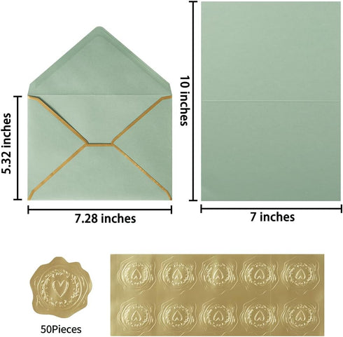 Homtable 50 Pack A7 Envelopes with 5x7 Folded Cards and Gold Stickers, 5x7 Gold Envelopes for Office, Wedding, Invitations, Graduation, Baby Shower (Sage-Green, 5x7)