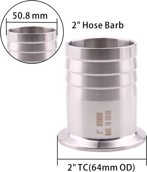 DERNORD 2" Tri Clamp to 2" Hose Barbed Adapter, SUS304 Sanitary Hose Barb Pipe Fitting