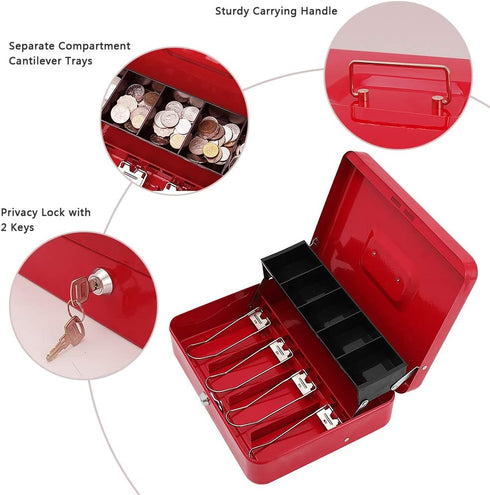 Key,Tiered,4 5 Slots,11.8" 9.5" 3.5",Red xydled Cash Box with Money Tray and Key Lock,Money lock box with Cash