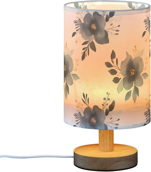 Bedside Table Lamp, Flower Leaves Hs Pattern Small LED DeskLight USB Nightstand Lamp with Non Slip Wood Base