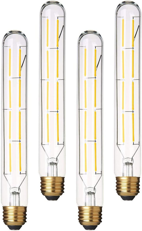 Dimmable T10 Edison LED Long Tubular Bulb, 8W Vintage Filament, 4000K Daylight White, E26 Base, 4 Pack