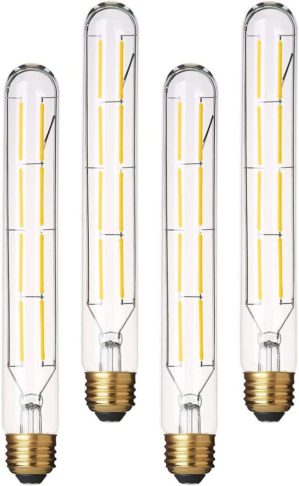 Dimmable T10 Edison LED Long Tubular Bulb, 8W Vintage Filament, 4000K Daylight White, E26 Base, 4 Pack