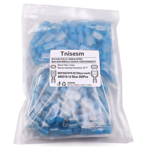 Tnisesm Male/Female Quick Disconnects Spade Wire Crimp Terminal Connectors, Blue 16-14AWG Fully Insulated