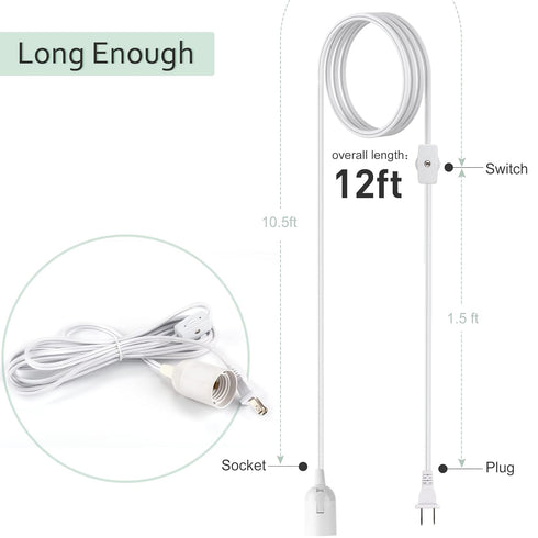 2-Pack 12Ft 360W E26 E27 2-Prong Closet, JACKYLED Extension Hanging Lantern Cord Cable UL with Socket Gear Switch +