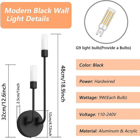 3000K G9 Bulb) Tipace Modern Wall Sconce,LED Black Wall Light Fixture Bathroom Vanity Light Fixture with Glass