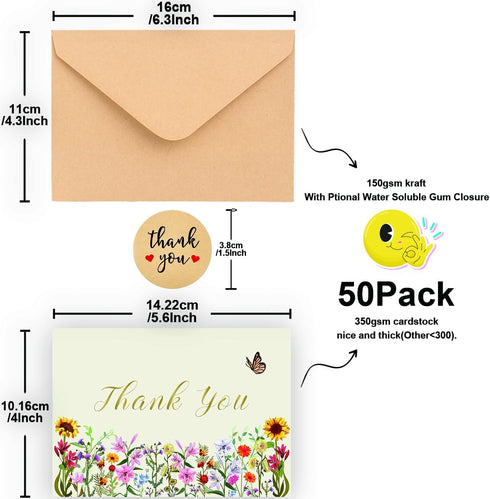 50 Pack 350GSM | Thank You Gifts | Thank You Cards with Envelopes | Small & Baby Shower & Wedding Thank You Cards |