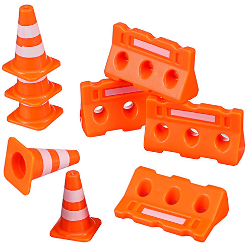 TOPPERFUN 48Pcs Set, Mini Plastic Traffic Cones, Miniature Fence Barricade Signs, Construction Road Small Orange Cone