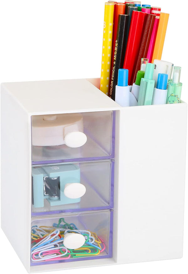LETURE Small Desk Organizer with Drawer, Office School Storage Box for Card/Pen/Pencil/Marker, Plastic Makeup Organizer