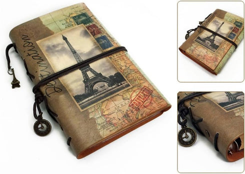 Retro Soft PU Leather Cover Loose-Leaf Journal, Travelers' Notebook, Leather Writing Journal with Eiffel Tower Design