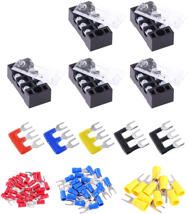 Glarks 70Pcs Terminal Block Set - 5Pcs 3 Positions Dual Row Screw Terminals + 60Pcs Insulated Fork Wire Connector