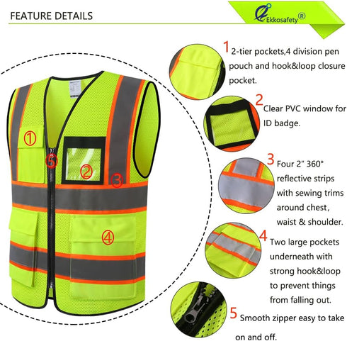 Reflective Mesh Safety Vest for Men Women, 8 Pockets, Zipper Front, High Visibility Hi Vis Construction Vest, ANSI/ISEA