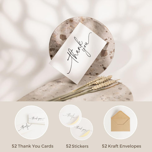 SPIRITDUST 52-pack 3.5x5 Inches, Thank You Cards Bulk with Kraft Envelopes & Matching Stickers, Minimalist Design |