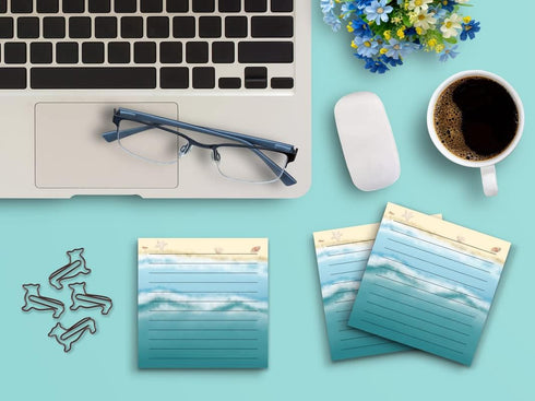 Butler in the Home Sticky Notes, 12 Pack 3"x3", 50 Sheets/Pad, Beach Waves Sand Seashells Memo Note Pads
