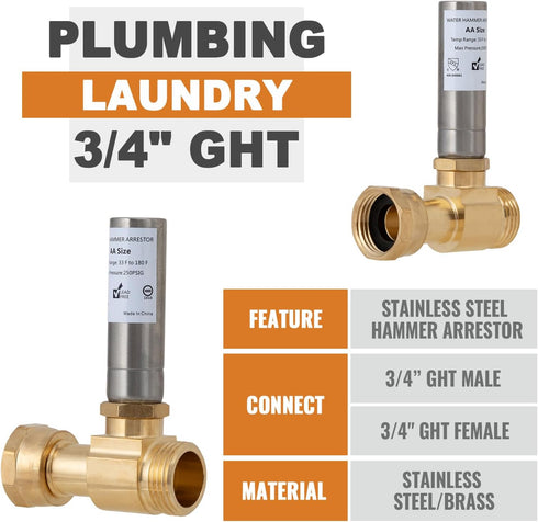SUNGATOR Washer Water Hammer Arrestor, 3/4" GHT Male/Female for Laundry Pipe Noise Reduction