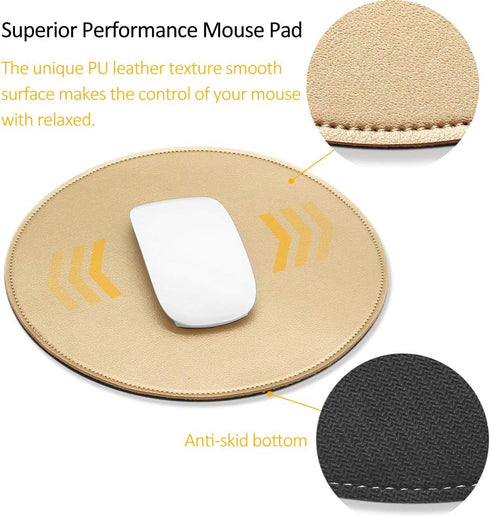 ProElife Mouse Pad for Computer, Anti Slip Round Waterproof PU Leather 8.66-Inch Circular Mousepad (Gold)