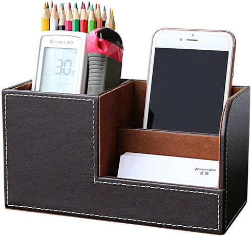 KINGFOM Desk Organizer - Multi-function Office Supplies Caddy in Brown Pu Leather