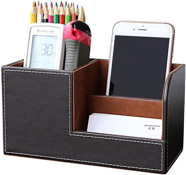 KINGFOM Desk Organizer - Multi-function Office Supplies Caddy in Brown Pu Leather