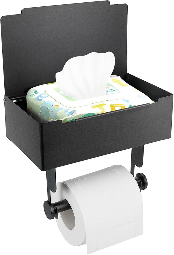 Beileqi Matte Black Toilet Paper Storage Holder with Shelf for Wet Wipes, Sanitary
