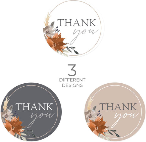 Indie Autumn Floral Thank You Labels - 250 Fall Flower Stickers, 1.5" Round Stickers with 3 Beautiful Designs