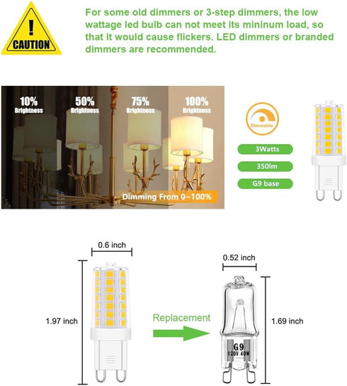 Dimmable G9 LED Light Bulbs 120V, 35W T4 G9 Halogen Equivalent, Warm White 2700K 3000K for Crystal Chandeliers Lights, Accent,Pedant Lights,Wall Sconces,Ceiling Lights 6-Pack by Makergroup