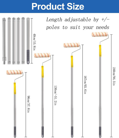 HpCuales Set 3pcs 9Inch (8FT Paint Roller Kit,Paint Roller Brush Stainless Steel Pole and Roller Covers,Multi-Function