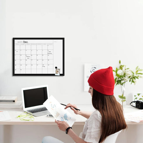 Dry Erase White Board & Monthly Calendar Board - Black Frame, Small Planning Board for Office, School, Home (12" x 16")