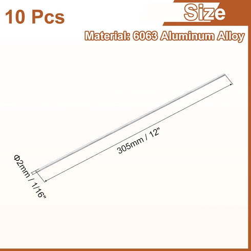 uxcell 10Pcs 1/16"(2mm) Dia Round Aluminum Rod, 12"(305mm) Long 6063 Solid Lathe Bar Stock for DIY Crafts