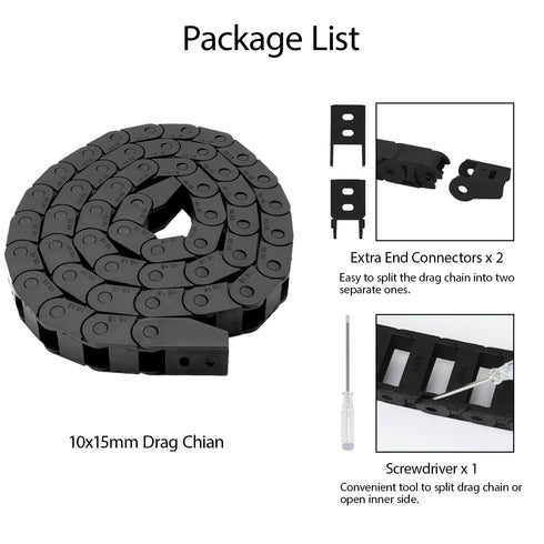 R18 Black Plastic Cable Wire Carrier Drag Chain, 10mm x 15mm, 1M Length for CNC with End Connectors