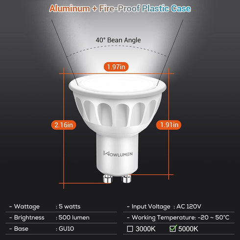 Dimmable GU10 LED Light Bulbs, 5000K Daylight MR16 Replacement, 5W 500LM, 6 Pack